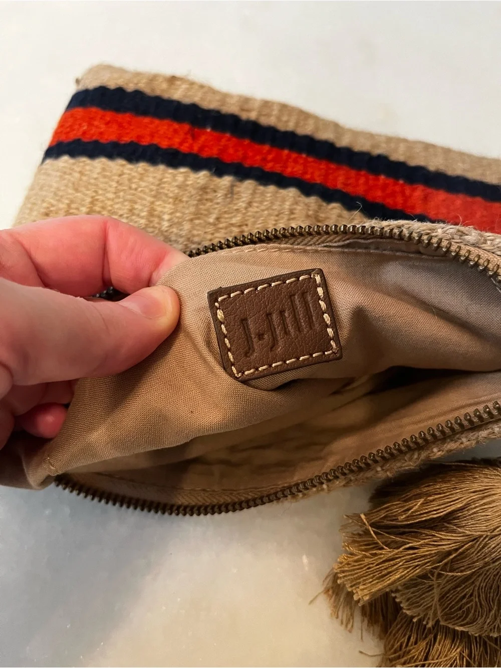 J. Jill Jute Striped Wristlet Clutch Tan Orange Navy Blue Tassel Boho